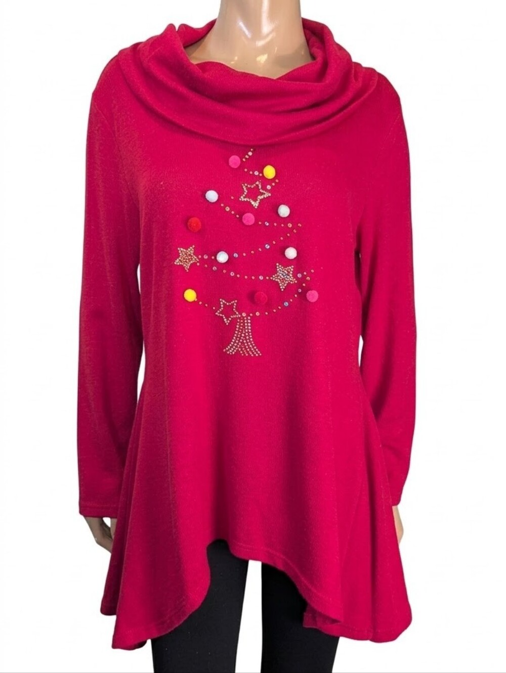 Anna Bella Red Christmas Tree Tunic Sweater Womens Size Large Cowl Neck Pom Pom